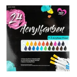 Acrylfarben + 3 Acrylhaar-Pinsel, in Künstlerqualität, à 12ml, hervorragender Deckkraft, 24 Tuben