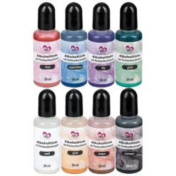 Alkoholtinte mit Perlmuttschimmer, 8 Flaschen/Farben, je 20ml