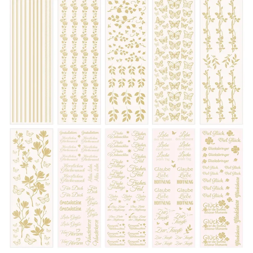 Aqua-Transfers Deluxe, Wünsche, Floristik & Bordüren, 10cm x 30cm, Goldfolie, 10 Bogen