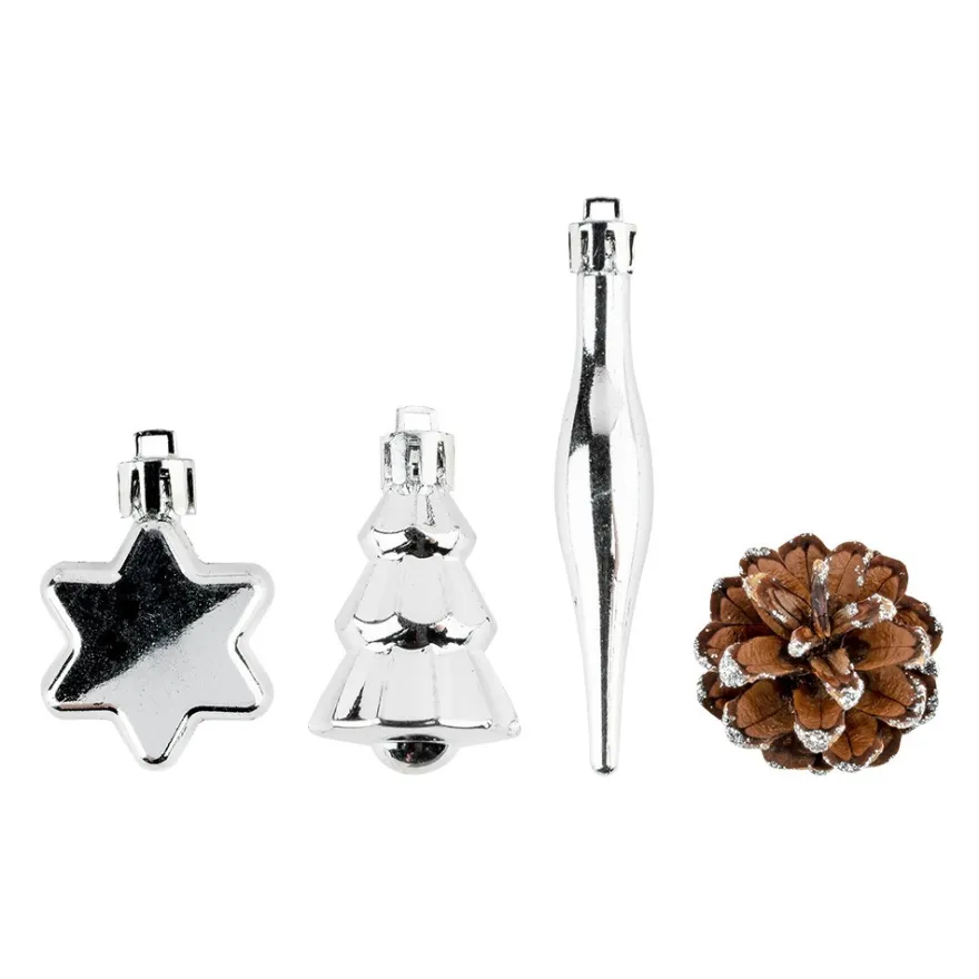 Baumschmuck, Vielfalt 1, versch. Designs & Größen, teilweise zum Aufhängen, silber, 14 Stück
