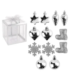 Baumschmuck, Vielfalt 2, versch. Designs & Größen, teilweise zum Aufhängen, silber, 12 Stück