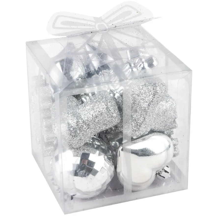 Baumschmuck, Vielfalt 2, versch. Designs & Größen, teilweise zum Aufhängen, silber, 12 Stück