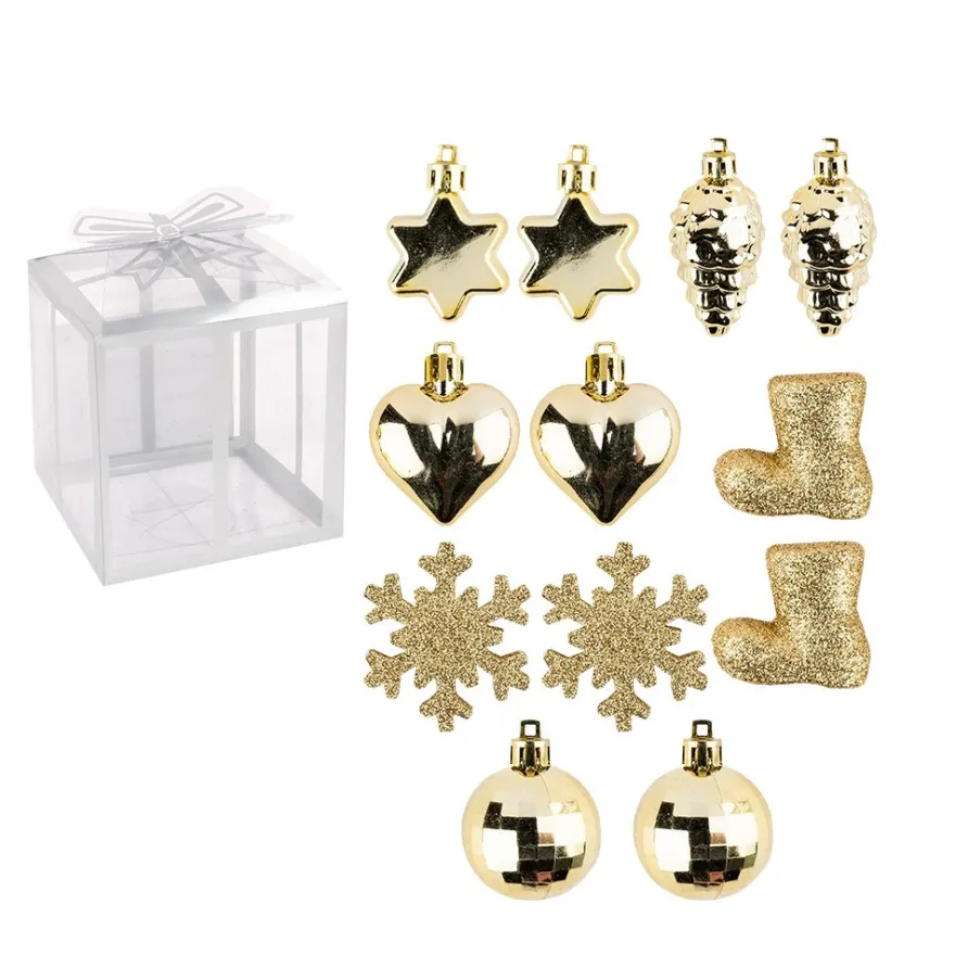 Baumschmuck, Vielfalt 2, versch. Designs & Größen, teilweise zum Aufhängen, hellgold, 12 Stück