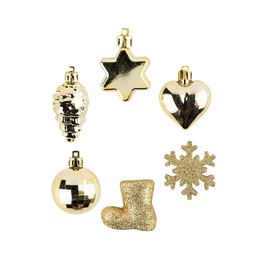 Baumschmuck, Vielfalt 2, versch. Designs & Größen, teilweise zum Aufhängen, hellgold, 12 Stück