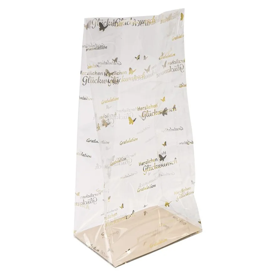 Blockbodenbeutel, Gratulation, 12cm x 8cm, 25cm hoch, mit Goldfoliendruck, 30 Stück