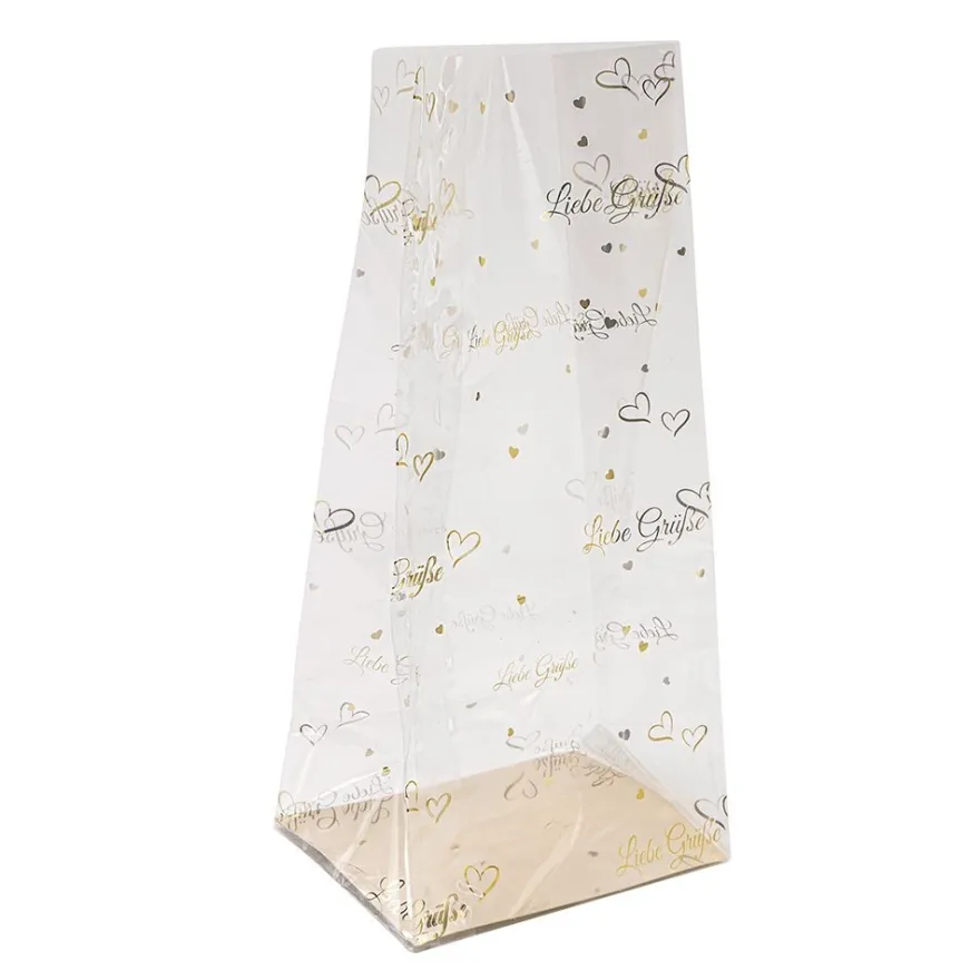 Blockbodenbeutel, Liebe Grüße, 12cm x 8cm, 25cm hoch, mit Goldfoliendruck, 30 Stück