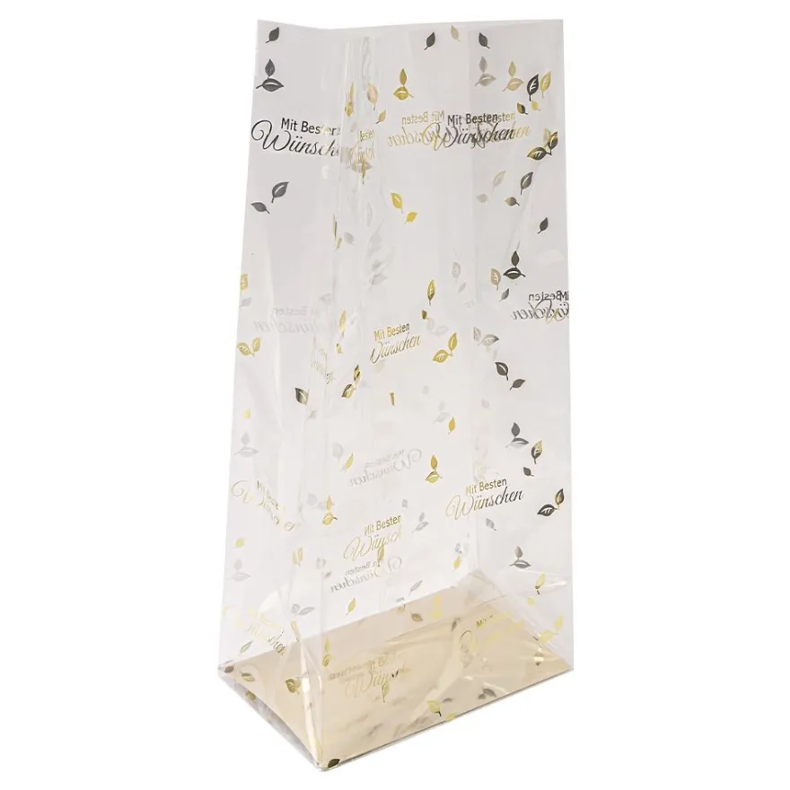 Blockbodenbeutel, Mit besten Wünschen, 14cm x 9cm, 30cm hoch, mit Goldfoliendruck, 30 Stück