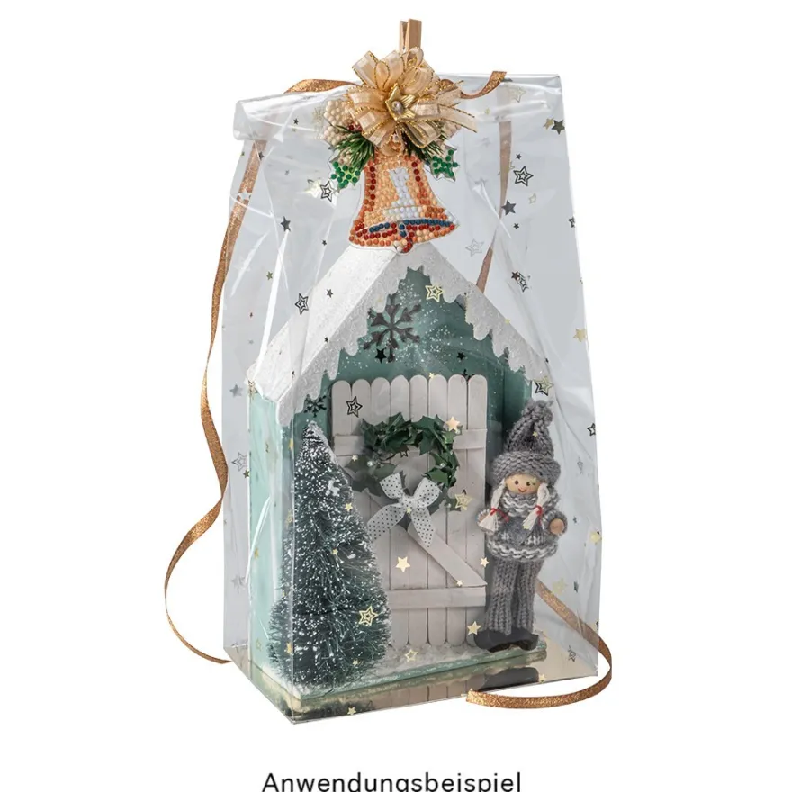 Blockbodenbeutel, Sterne, 12cm x 8cm, 25cm hoch, goldener Foliendruck & Einlegeboden, 30 Stück