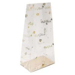Blockbodenbeutel, Viel Glück, 12cm x 8cm, 25cm hoch, mit Goldfoliendruck, 30 Stück