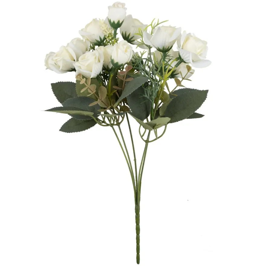 Blütenbusch, Rosen in Creme, 36cm lang, 15 Blüten, versch. Größen Ø 2,5cm bis Ø 4cm