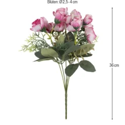 Blütenbusch, Rosen in Pink & Naturweiß, 36cm lang, 15 Blüten, versch. Größen Ø 2,5cm bis Ø 4cm