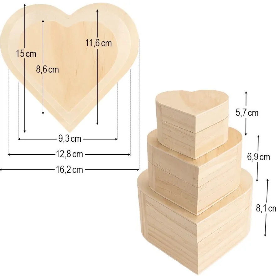 Boxen, Holz, Herzen, verschiedene Größen, 3 Stück