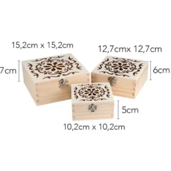 Boxen, Holz, quadratisch, mit Laser-Ornamentik, verschiedene Größen, 3 Stück