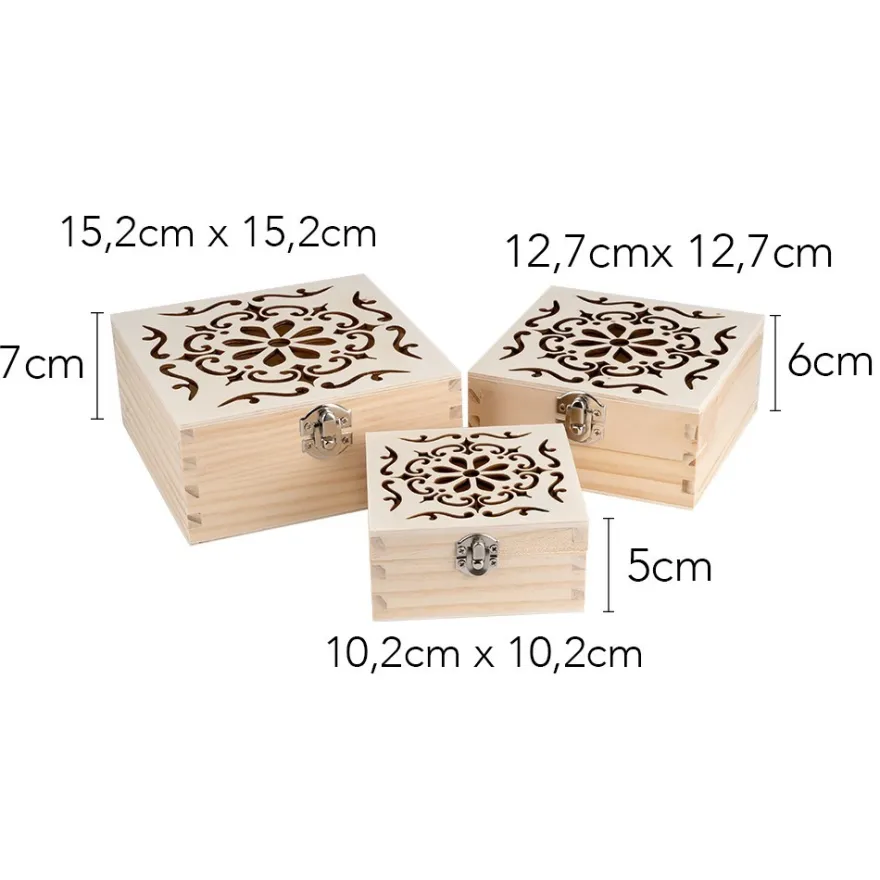 Boxen, Holz, quadratisch, mit Laser-Ornamentik, verschiedene Größen, 3 Stück