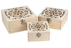 Boxen, Holz, quadratisch, mit Laser-Ornamentik, verschiedene Größen, 3 Stück