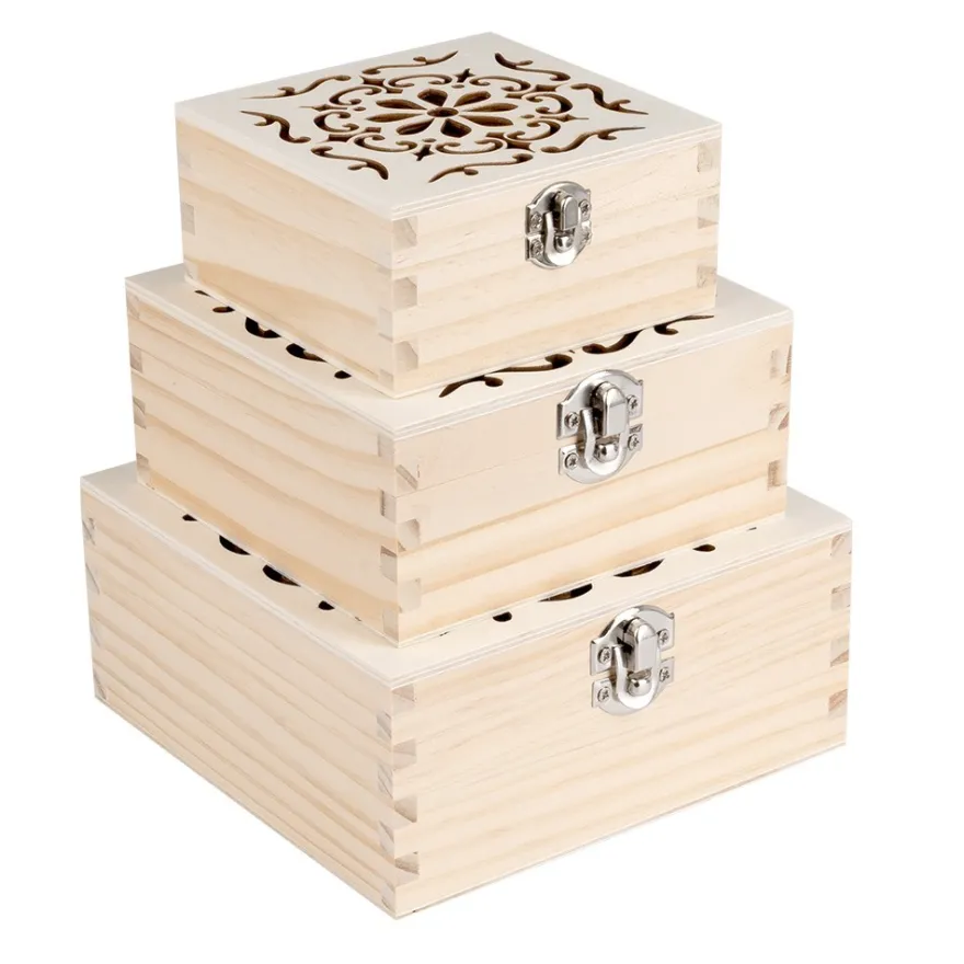 Boxen, Holz, quadratisch, mit Laser-Ornamentik, verschiedene Größen, 3 Stück