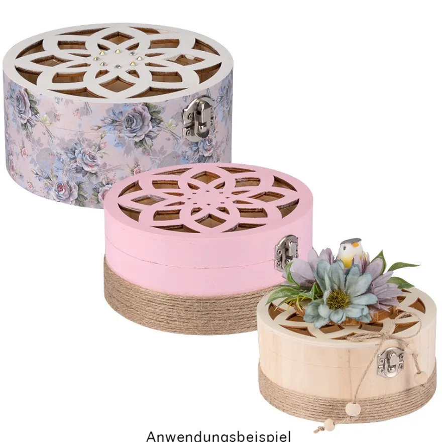 Boxen, Holz, rund, mit Laser-Ornamentik, verschiedene Größen, 3 Stück