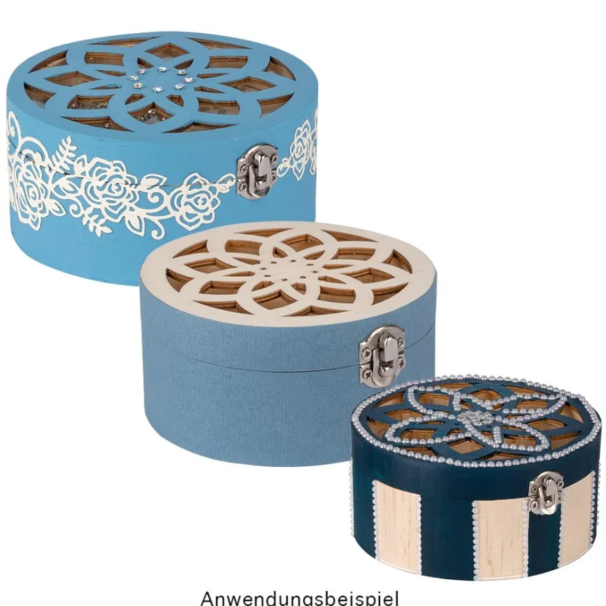 Boxen, Holz, rund, mit Laser-Ornamentik, verschiedene Größen, 3 Stück