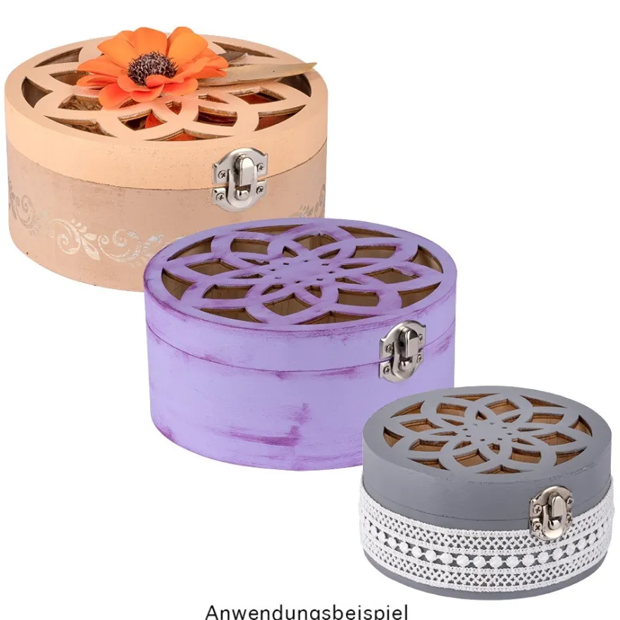 Boxen, Holz, rund, mit Laser-Ornamentik, verschiedene Größen, 3 Stück