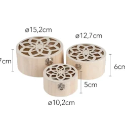 Boxen, Holz, rund, mit Laser-Ornamentik, verschiedene Größen, 3 Stück