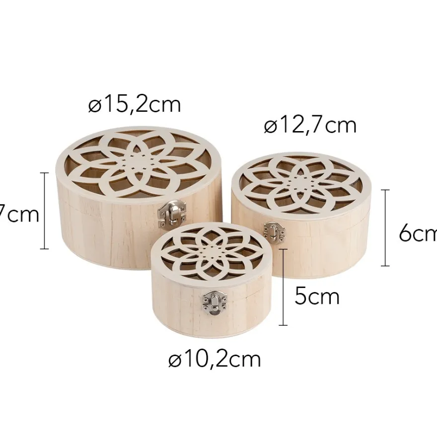 Boxen, Holz, rund, mit Laser-Ornamentik, verschiedene Größen, 3 Stück