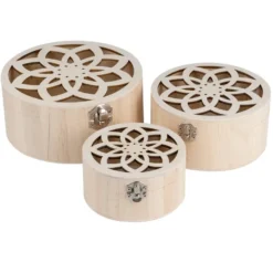 Boxen, Holz, rund, mit Laser-Ornamentik, verschiedene Größen, 3 Stück