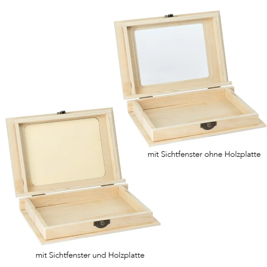 Box mit Sichtfenster, Holz, rechteckig, 20cm x 14cm x 4,5cm