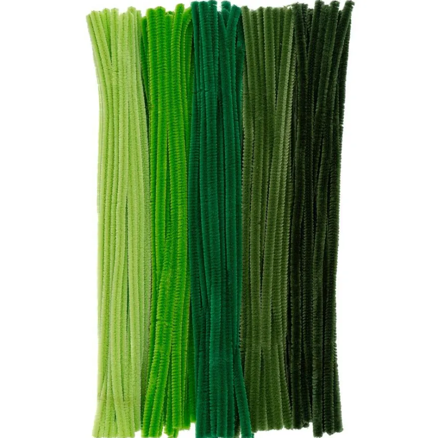 Chenille-Drähte, Grüntöne, 30cm lang, Ø 6mm, 5 verschiedene Farben, 100 Stück