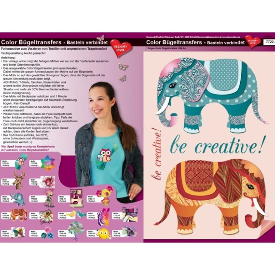 Color Bügeltransfers, DIN A4, Bastelspruch, Kreativer Elefant