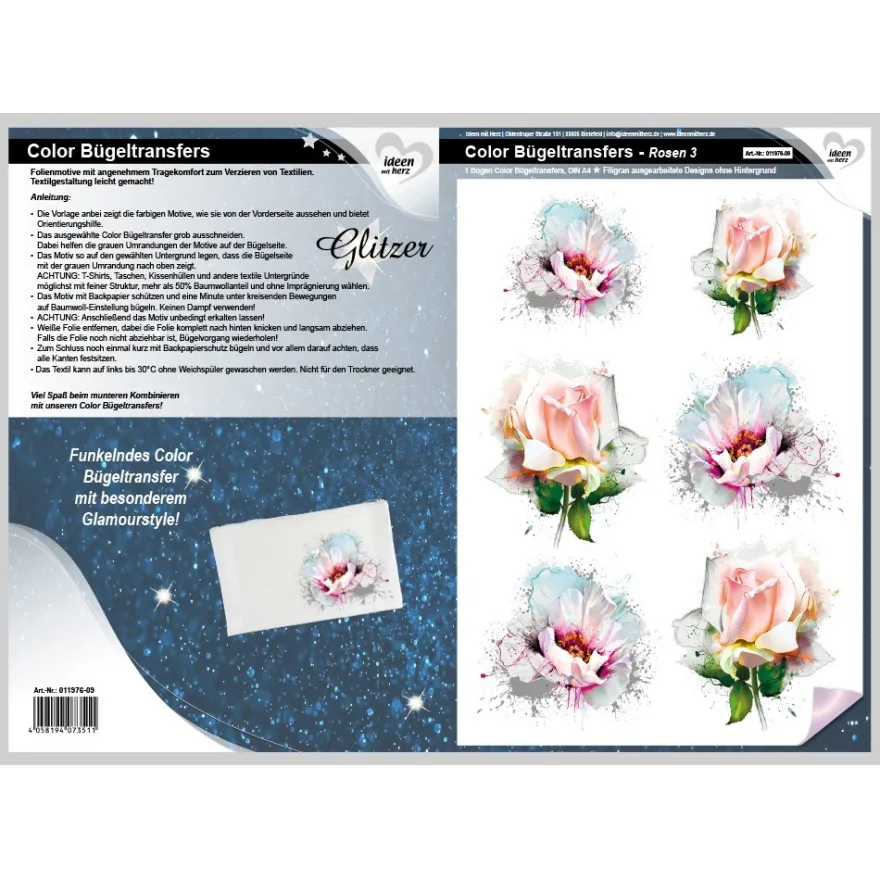 Color Bügeltransfers, Glitzer, DIN A4, Rosen 3