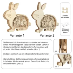 3-D Bausatz, Holzhase mit Frühlingsszene, 6 Elemente, inkl. 40 Klebepads, 9-teilig