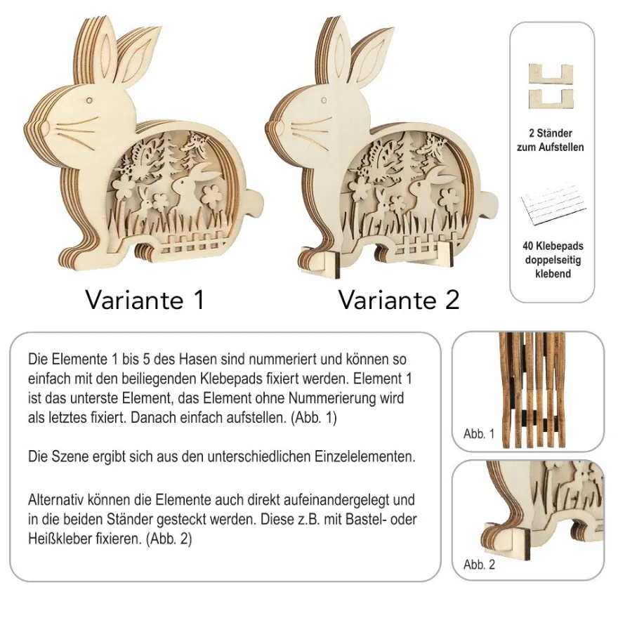 3-D Bausatz, Holzhase mit Frühlingsszene, 6 Elemente, inkl. 40 Klebepads, 9-teilig