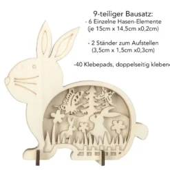 3-D Bausatz, Holzhase mit Frühlingsszene, 6 Elemente, inkl. 40 Klebepads, 9-teilig