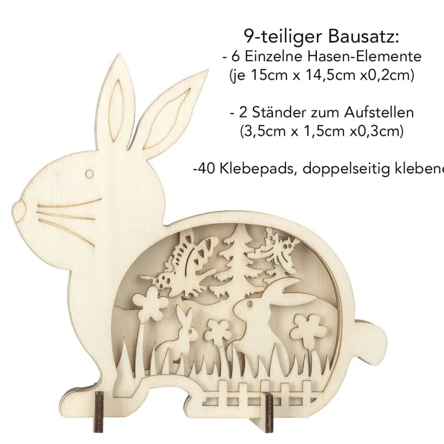3-D Bausatz, Holzhase mit Frühlingsszene, 6 Elemente, inkl. 40 Klebepads, 9-teilig
