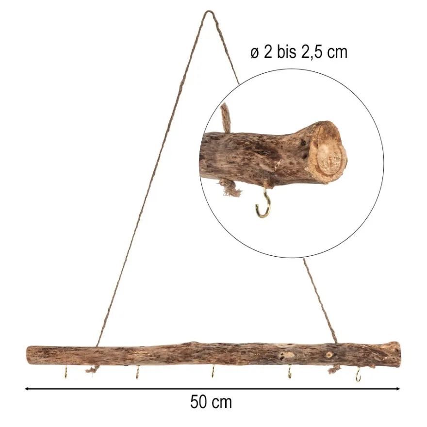 Deko-Ast, mit 5 Haken in Hellgold, 50cm lang, Ø 2 bis 3,5cm, mit Seil zum Aufhängen