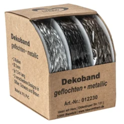 Dekoband, geflochten, metallic, Ø 3mm, versch. Designs & Farben, 3 Rollen
