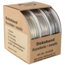 Dekoband, Kunstleder, metallic, 2,5mm breit, je 1,5m lang, versch. Designs & Farben, 3 Rollen