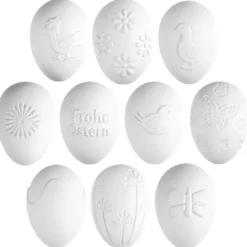 Deko-Eier, Ø 4cm, 5,8cm hoch, weiß, geprägte Ornamentik, 10 versch. Designs, 10 Stück