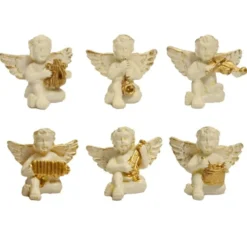 Deko-Engel mit Instrumenten, Steinharz, weiß-angegoldet, 3,2 x 2,8 cm, 6er Set