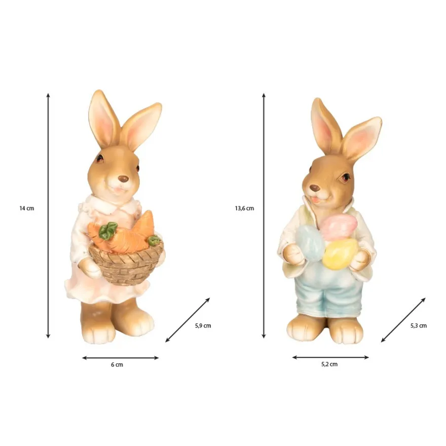 Deko-Figuren, Hasenpaar mit Möhren & Ostereiern 1, Mädchen: 14cm hoch, Junge: 13,6cm hoch, 2 Stück