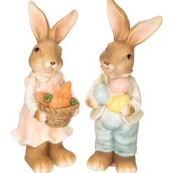 Deko-Figuren, Hasenpaar mit Möhren & Ostereiern 1, Mädchen: 21,4cm hoch, Junge: 22,3cm hoch, 2 Stück