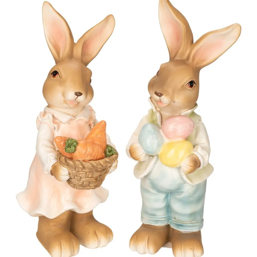 Deko-Figuren, Hasenpaar mit Möhren & Ostereiern 1, Mädchen: 21,4cm hoch, Junge: 22,3cm hoch, 2 Stück