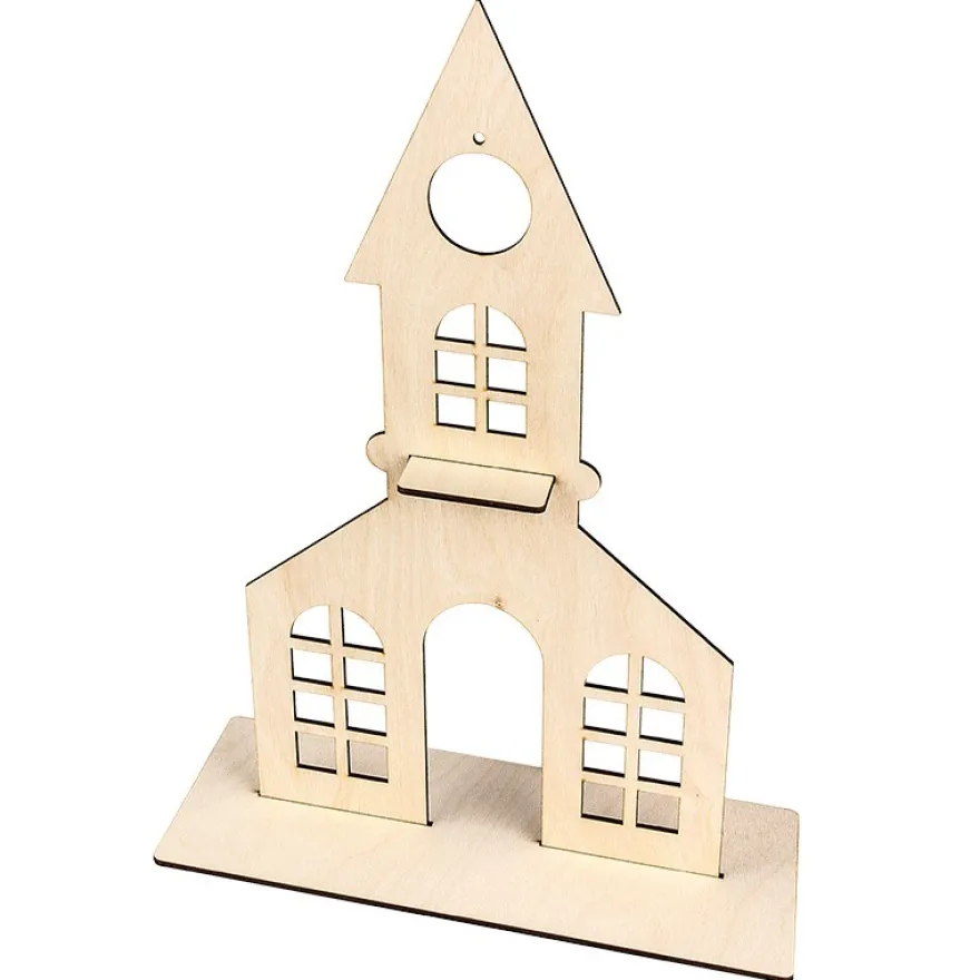 Deko-Kirche aus Holz zum Aufstellen, 38cm x 21,2cm, mit kreisförmiger Aussparung und Podest