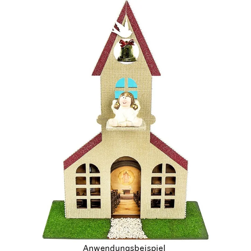 Deko-Kirche aus Holz zum Aufstellen, 38cm x 21,2cm, mit kreisförmiger Aussparung und Podest