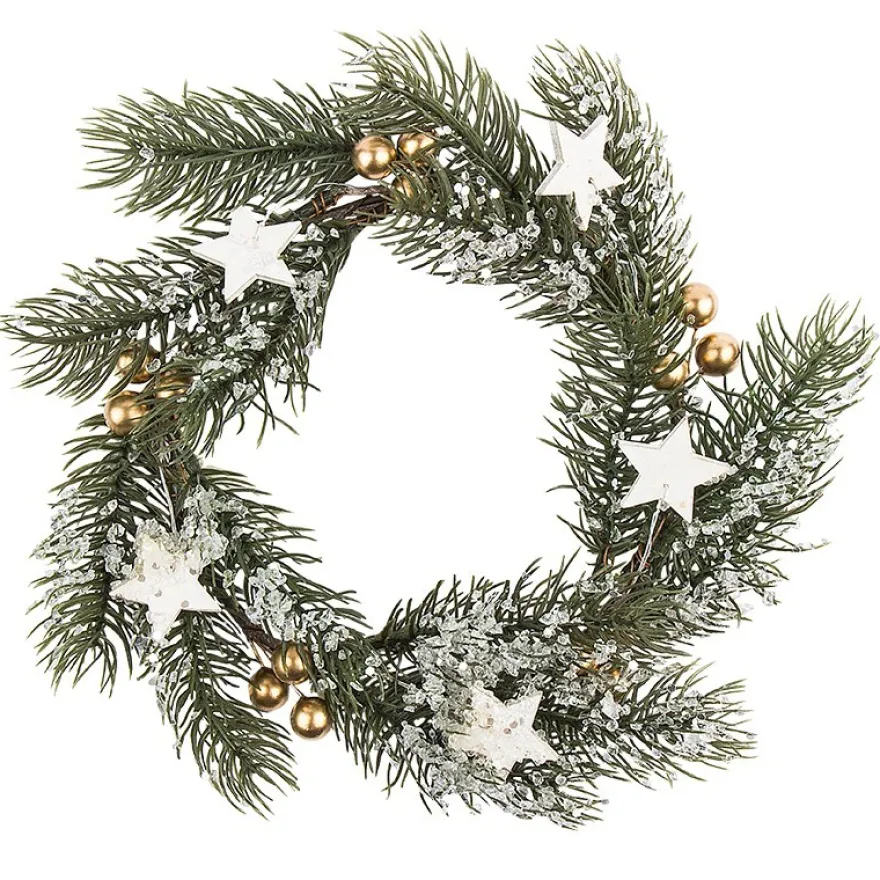 Deko-Kranz, Winter 2, Ø 20cm, Tannenzweige, goldene Beeren & Sterne mit Eis-Effekt