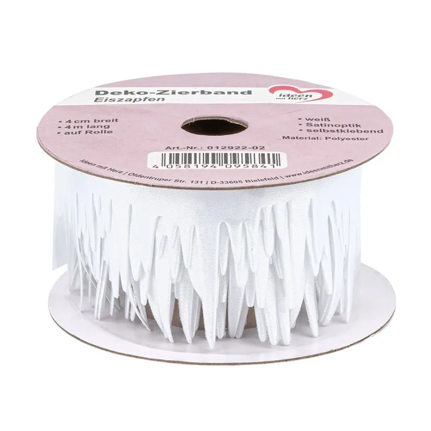 Deko-Zierband auf Rolle, Eiszapfen, 4cm breit 4m lang, weiß, selbstklebend, Satinoptik
