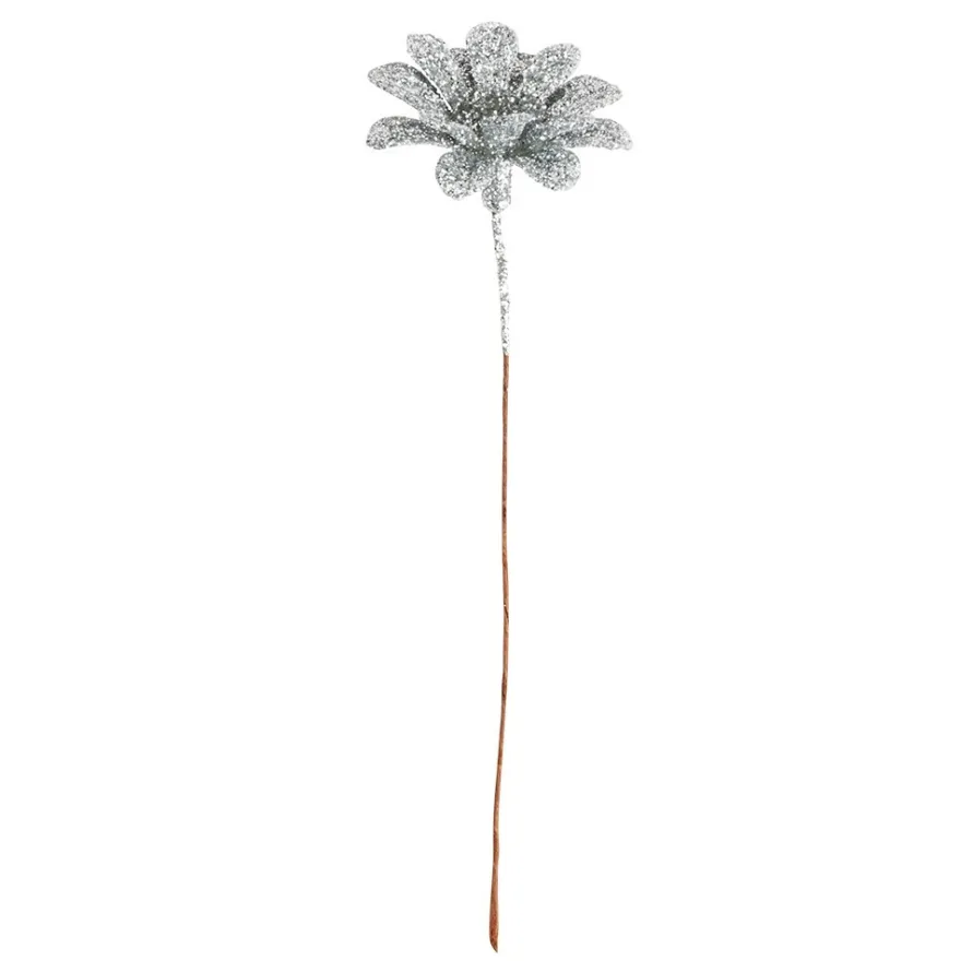 Deko-Zweige, Blüte 2, 10cm lang, am Draht, silbener Glimmer, 10 Stück