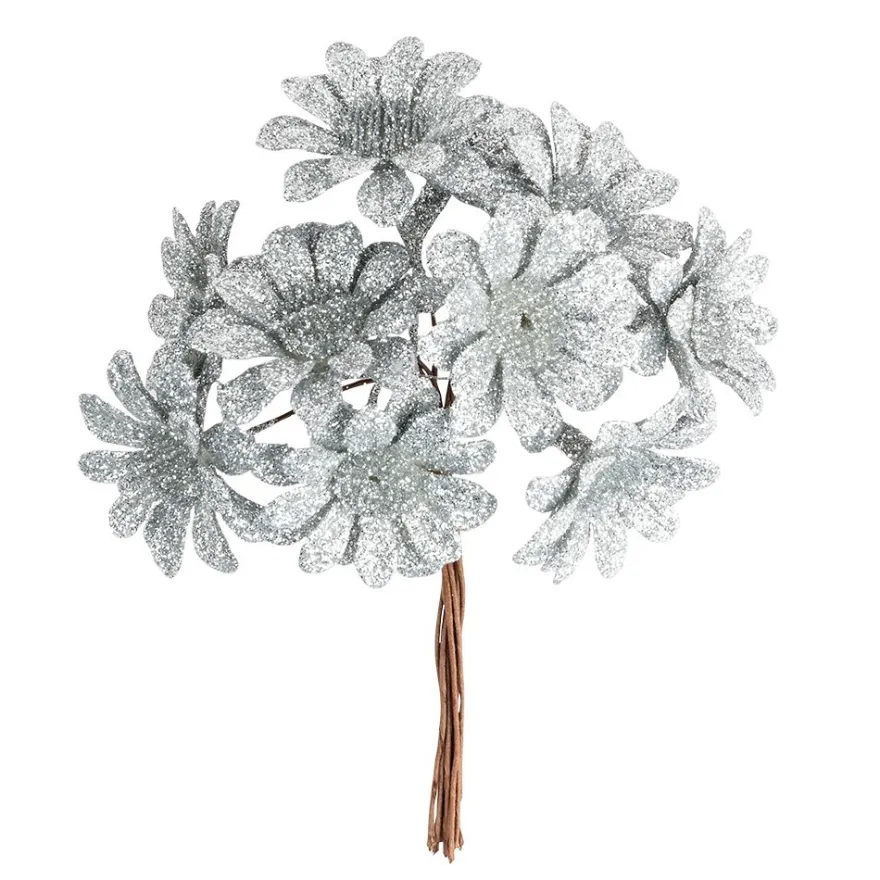 Deko-Zweige, Blüte 2, 10cm lang, am Draht, silbener Glimmer, 10 Stück