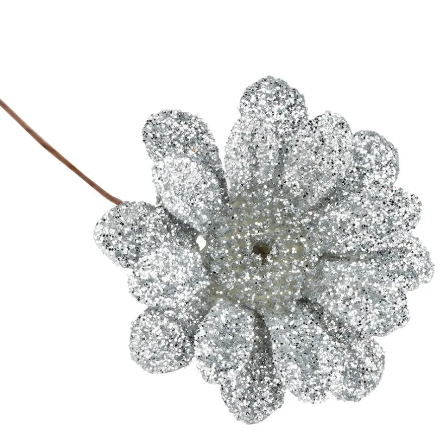 Deko-Zweige, Blüte 2, 10cm lang, am Draht, silbener Glimmer, 10 Stück