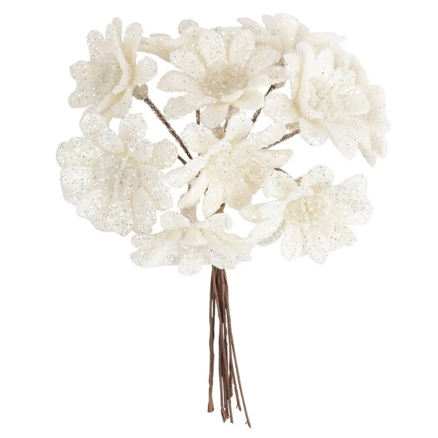 Deko-Zweige, Blüte 2, 10cm lang, am Draht, weißer Glimmer, 10 Stück